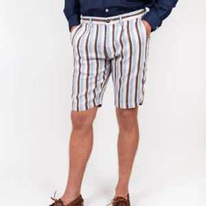 Bermuda in lino e cotone a righe marrone azzurro