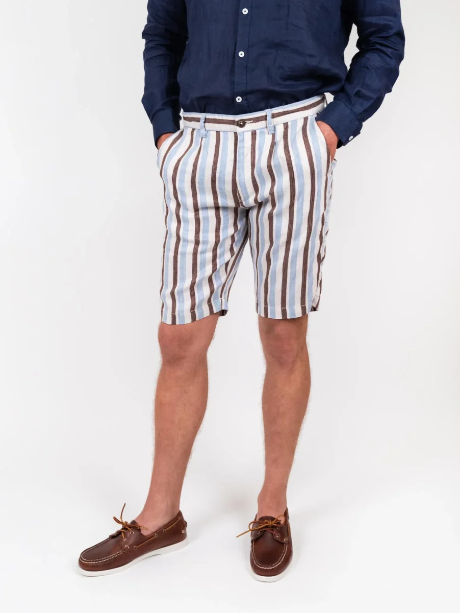 Bermuda in lino e cotone a righe marrone azzurro