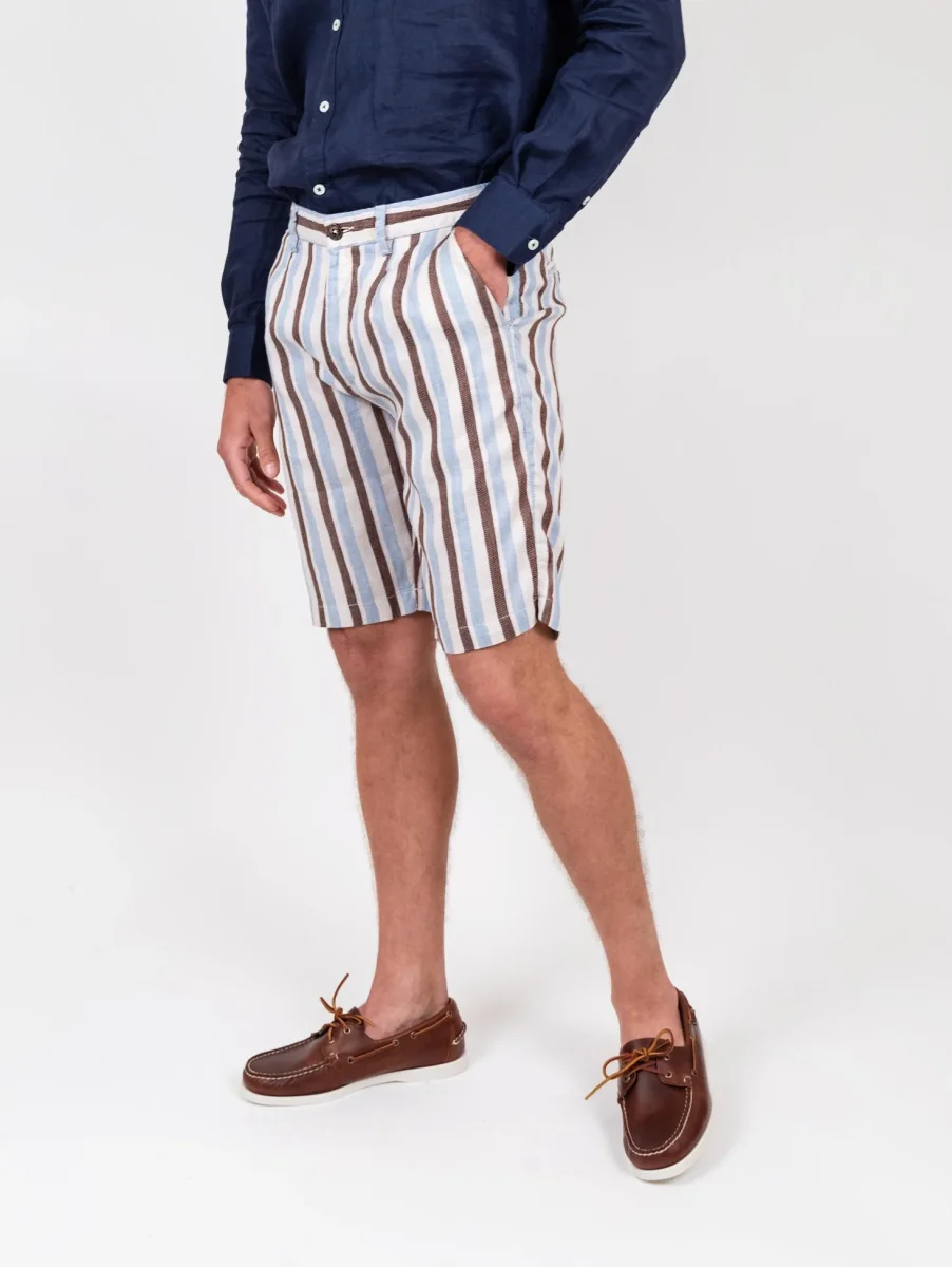 Bermuda in lino e cotone a righe marrone azzurro - immagine 3