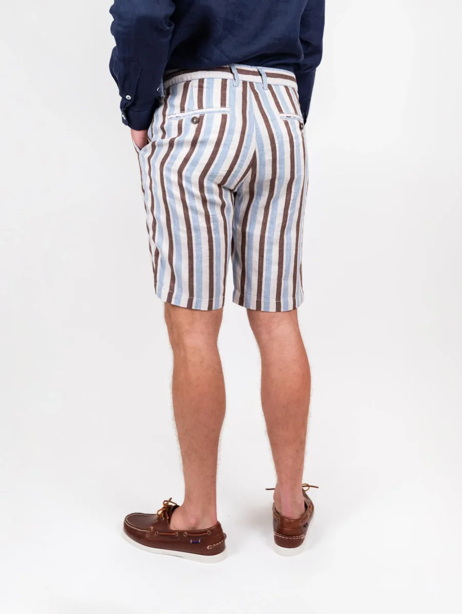 Bermuda in lino e cotone a righe marrone azzurro - immagine 4