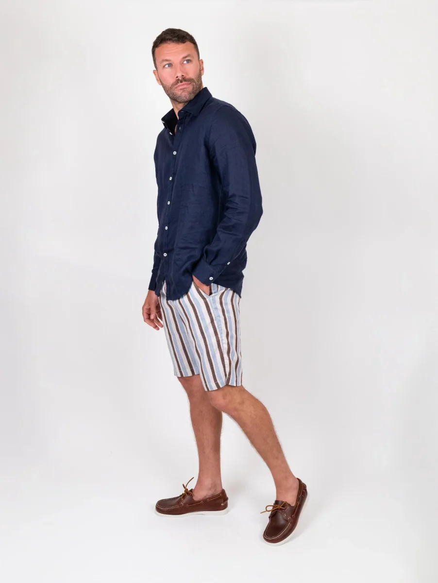 Bermuda in lino e cotone a righe marrone azzurro - immagine 6