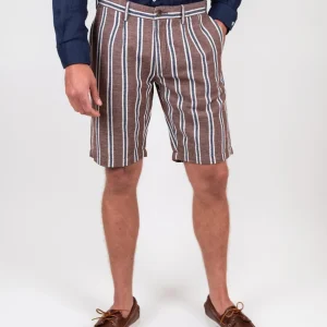 Bermuda in lino e cotone a righe marrone blu