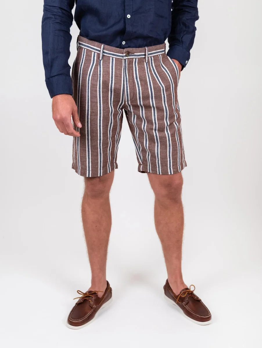 Bermuda in lino e cotone a righe marrone blu