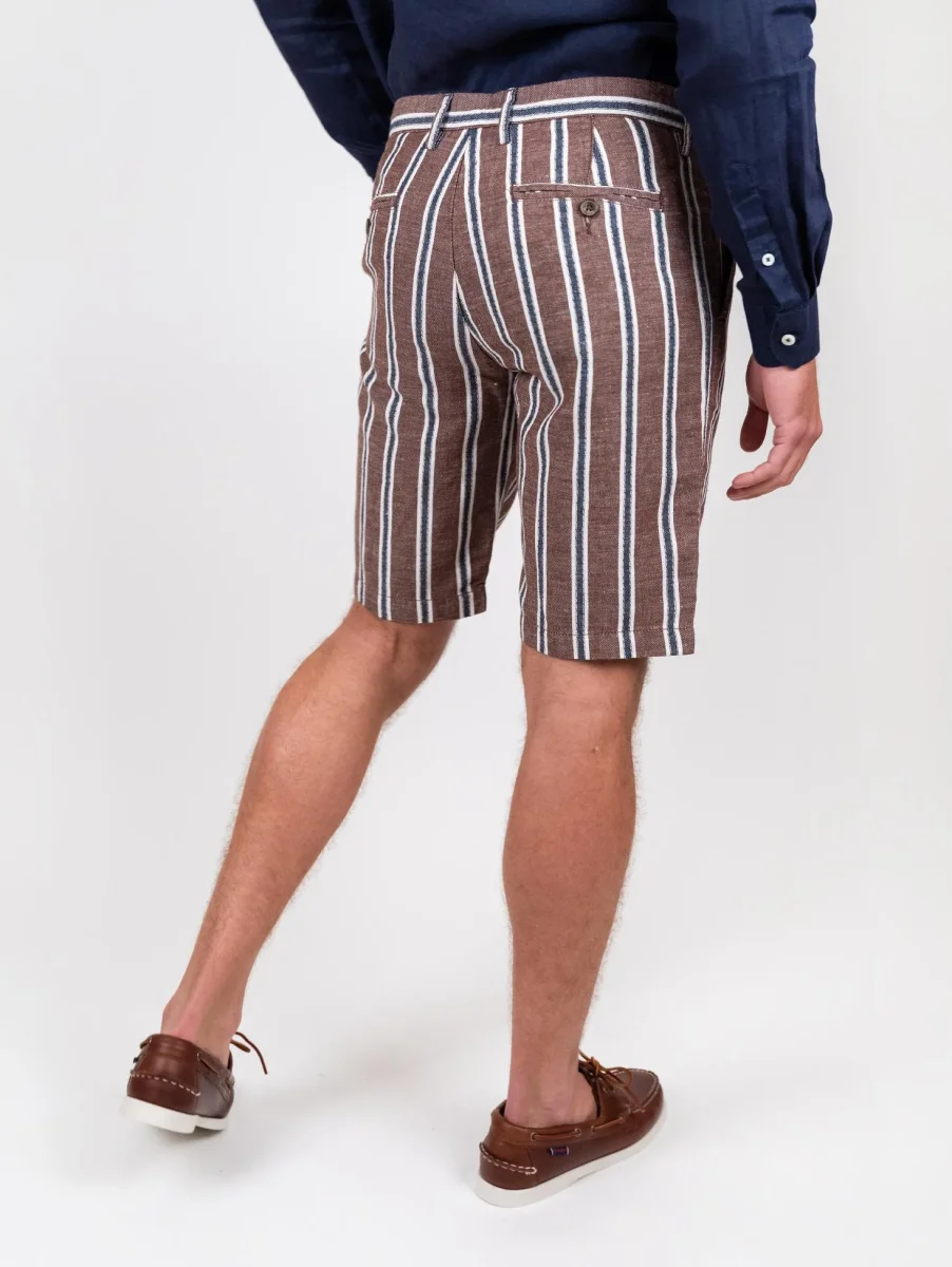 Bermuda in lino e cotone a righe marrone blu - immagine 4