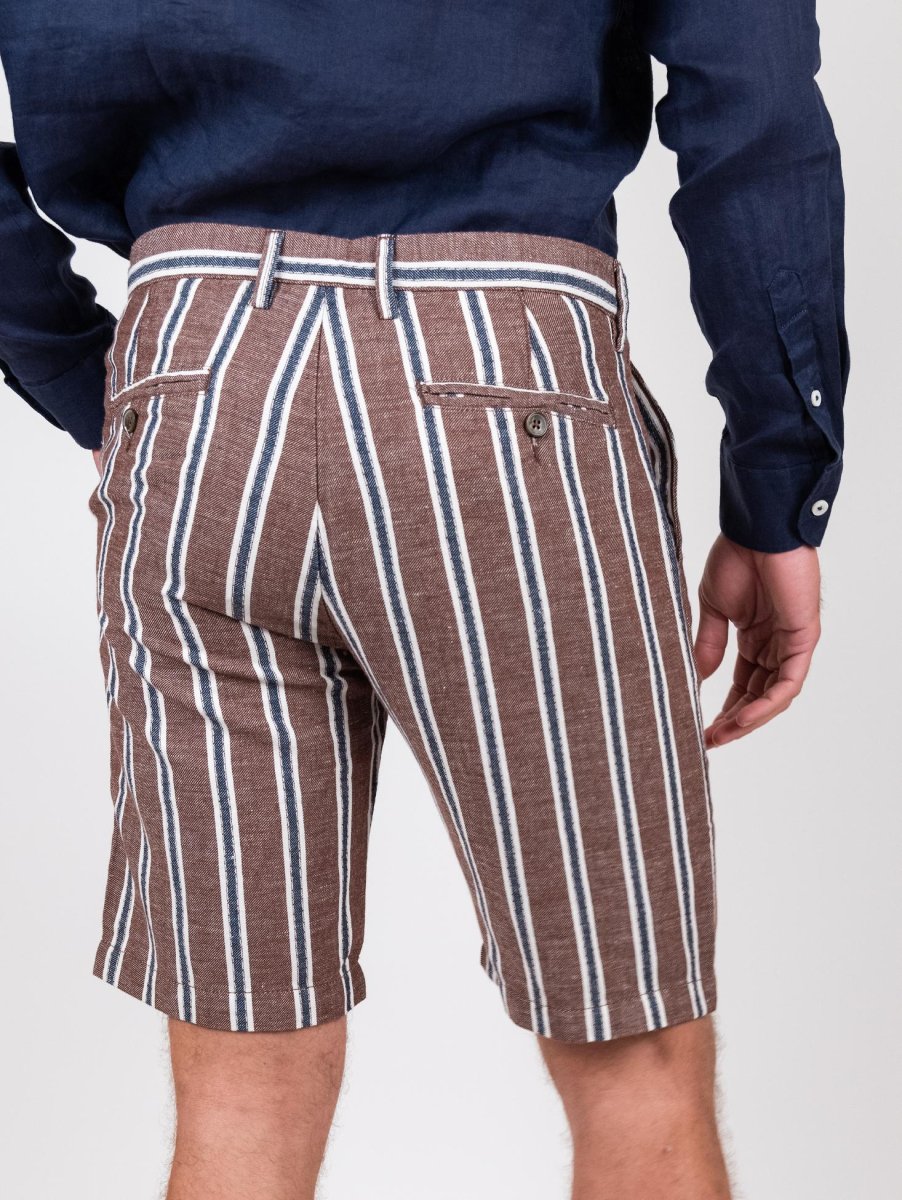 Bermuda in lino e cotone a righe marrone blu - immagine 5