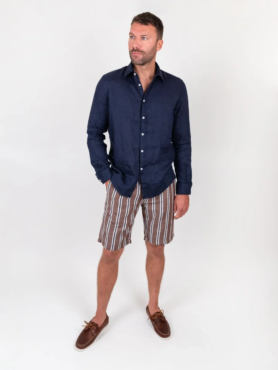 Bermuda in lino e cotone a righe marrone blu - immagine 7