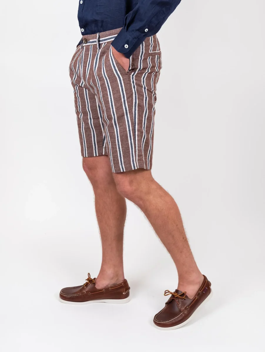 Bermuda in lino e cotone a righe marrone blu - immagine 3