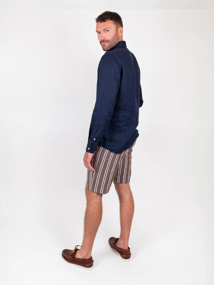 Bermuda in lino e cotone a righe marrone blu - immagine 6