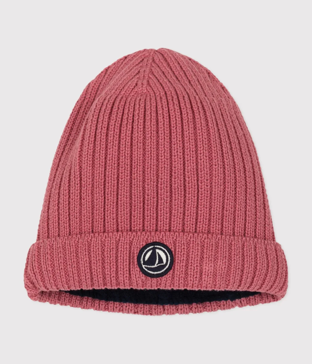 Berretto bebè in maglia rosa foderato in pile