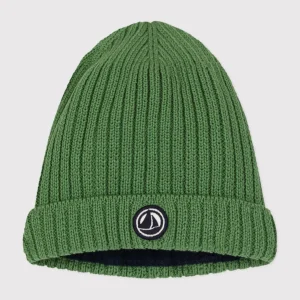 Berretto bebè in maglia verde foderato in pile