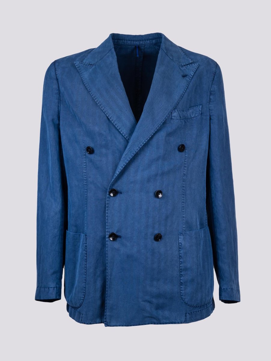 Blazer sfoderato doppiopetto blu in misto lino e cotone