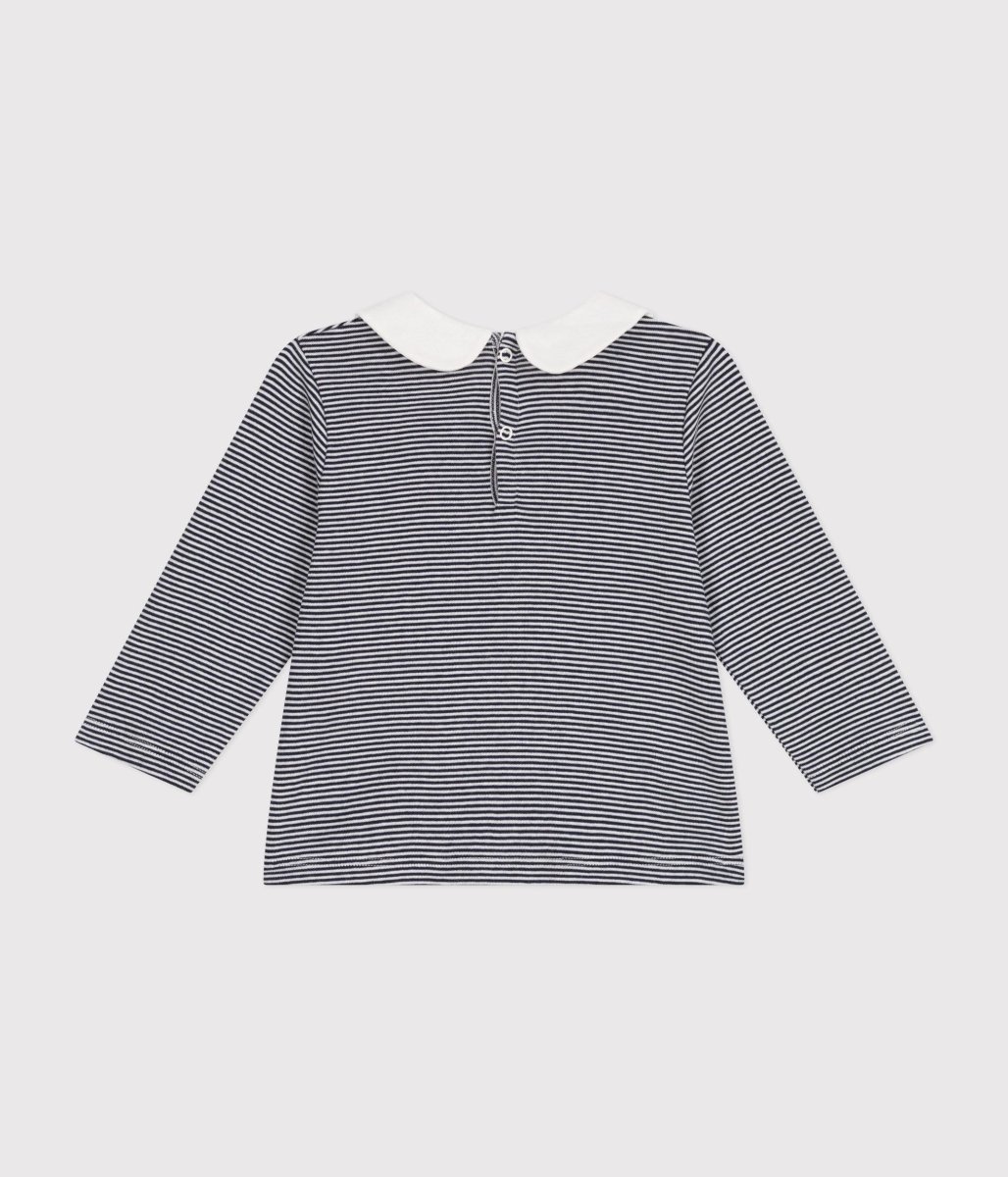 Blusa a righe blu e bianco in cotone con colletto