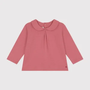 Blusa tinta unita rosa in cotone con colletto per bebè