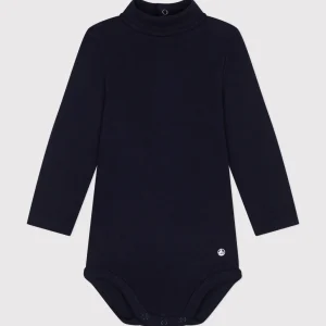 Body a blu scuro a manica lunga e collo alto in cotone per bebè