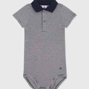 Body con colletto polo in cotone rigato a manica corta bebè