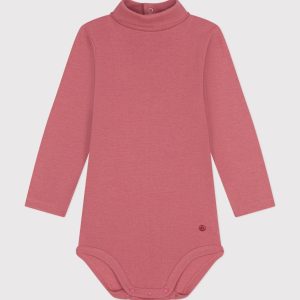 Body rosa a manica lunga e collo alto in cotone per bebè