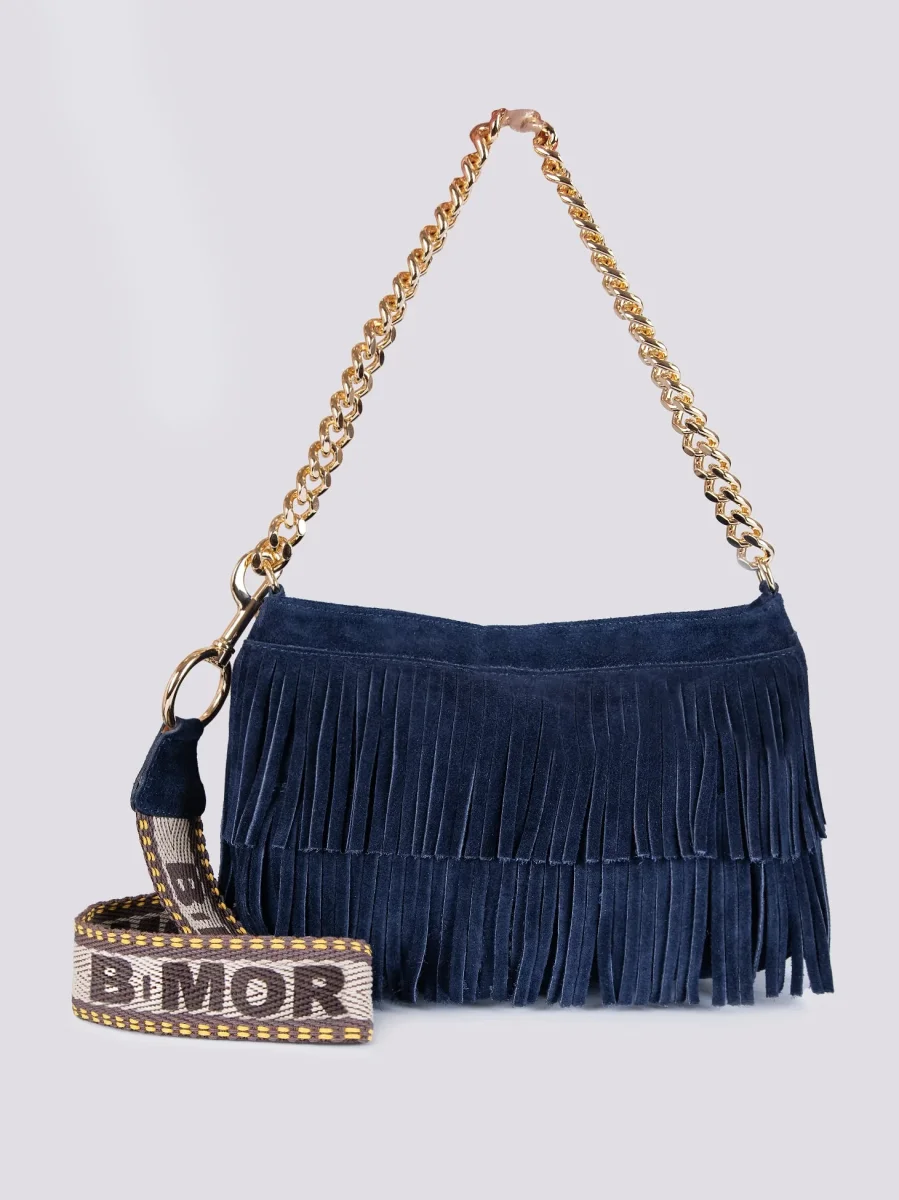 Borsa in camoscio con frange blu