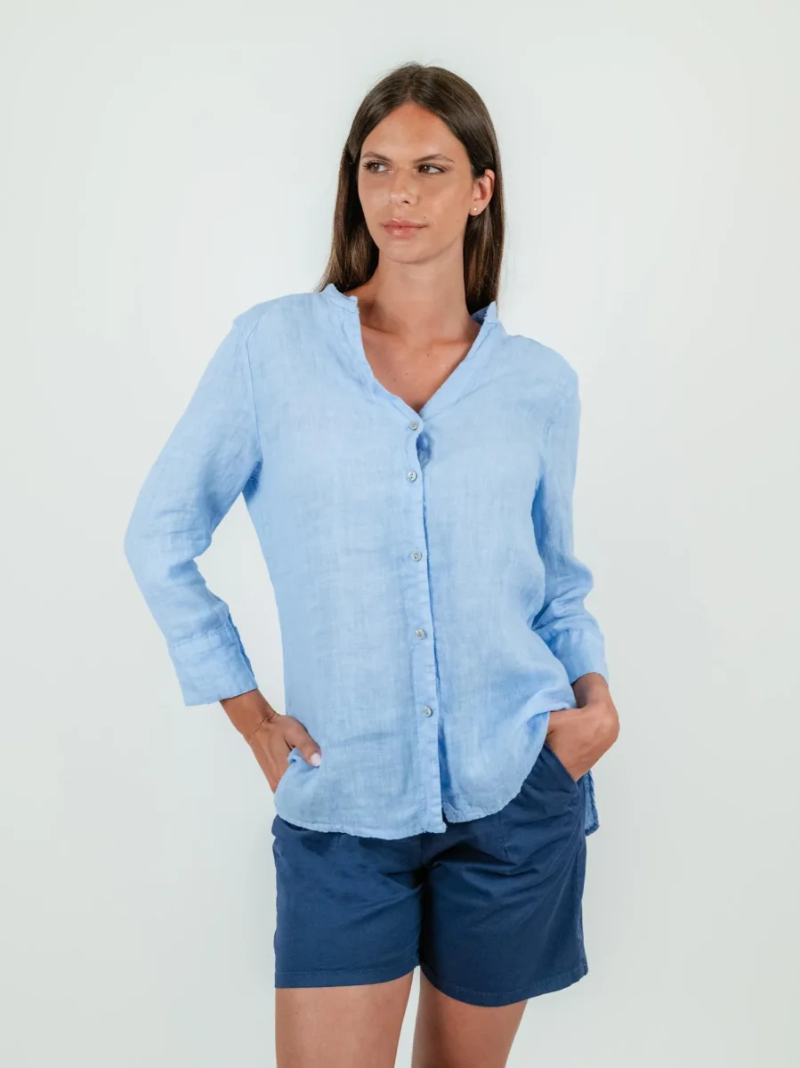 CAMICIA ALLA COREANA IN LINO AZZURRA