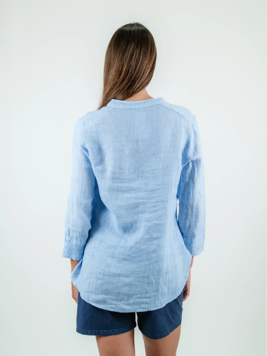 CAMICIA ALLA COREANA IN LINO AZZURRA - immagine 4