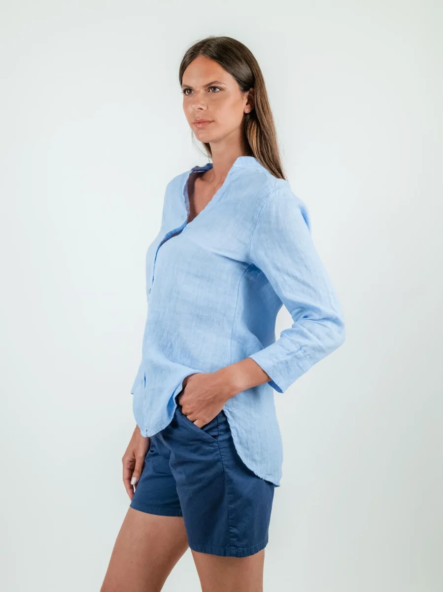 CAMICIA ALLA COREANA IN LINO AZZURRA - immagine 3