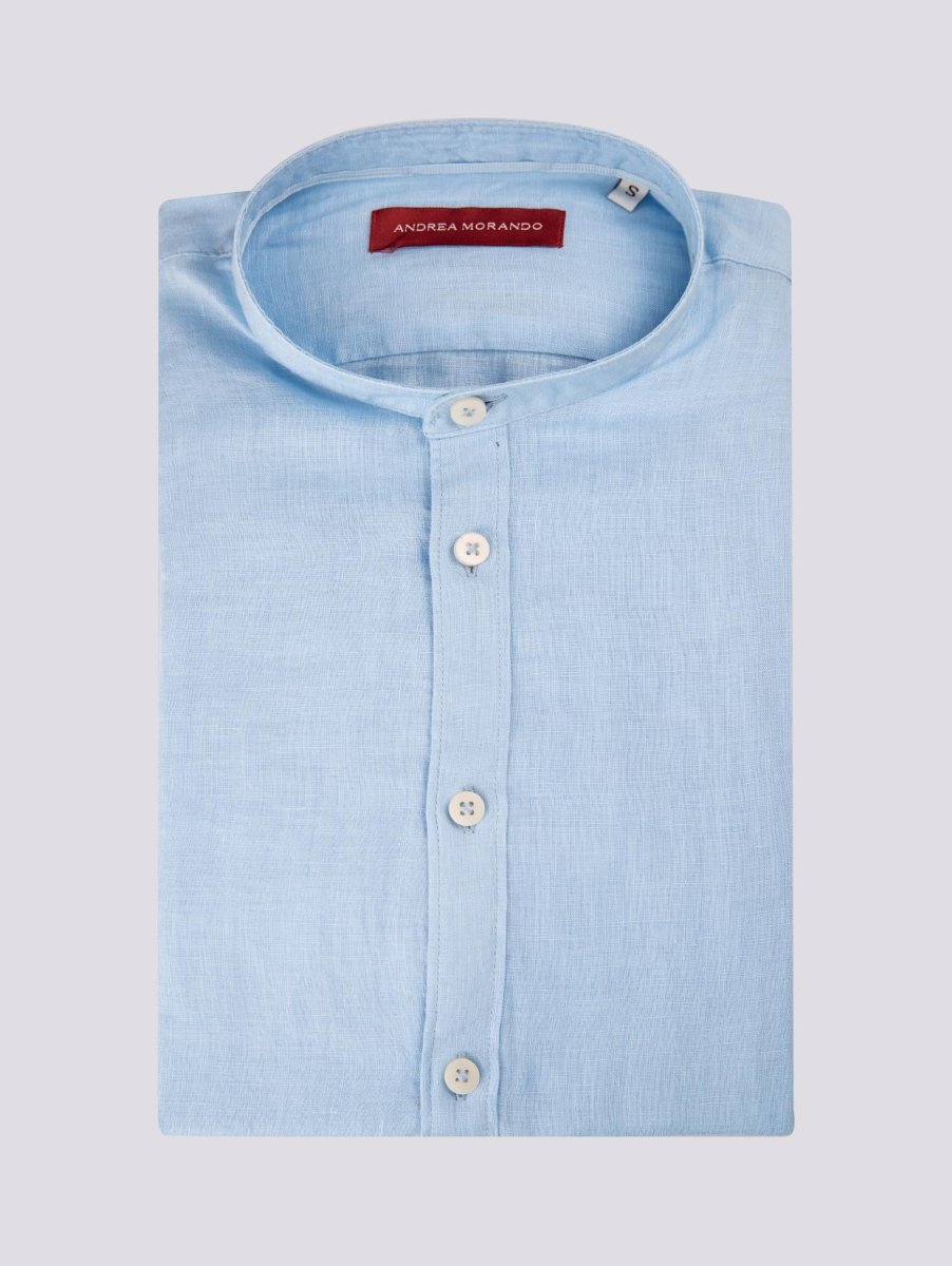 CAMICIA ALLA COREANA IN LINO AZZURRO - immagine 4