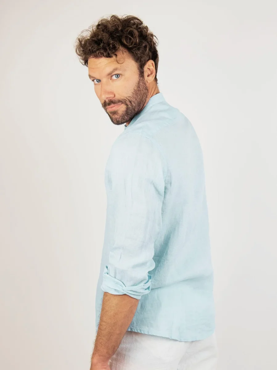 CAMICIA ALLA COREANA IN LINO AZZURRO - immagine 3