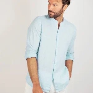 CAMICIA ALLA COREANA IN LINO AZZURRO