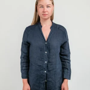 CAMICIA ALLA COREANA IN LINO BLU