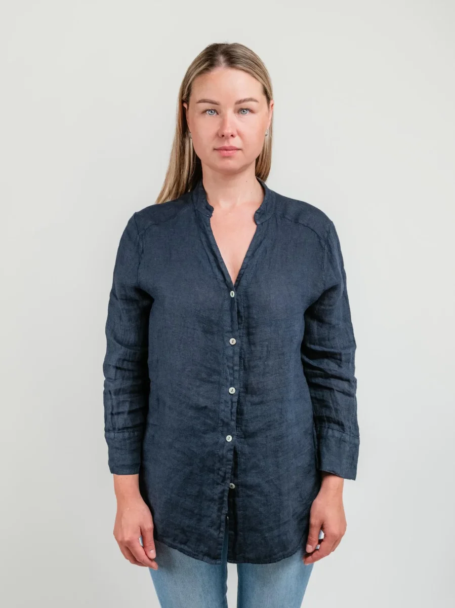 CAMICIA ALLA COREANA IN LINO BLU