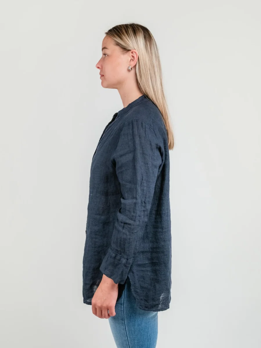 CAMICIA ALLA COREANA IN LINO BLU - immagine 3