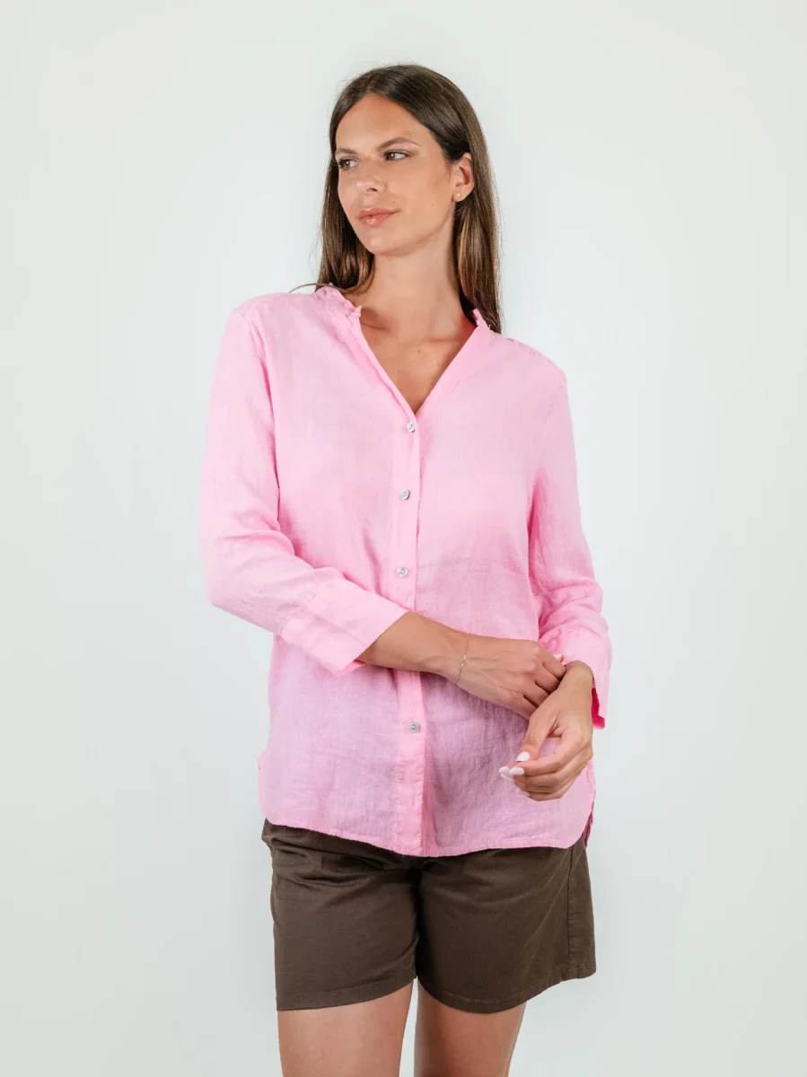 CAMICIA ALLA COREANA IN LINO ROSA