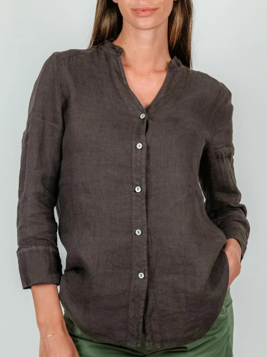 CAMICIA ALLA COREANA IN LINO TESTA MORO - immagine 5