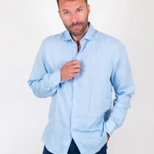 CAMICIA ARTHUR IN LINO TINTO FILO azzurro