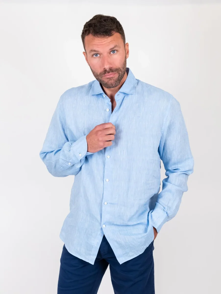 CAMICIA ARTHUR IN LINO TINTO FILO azzurro