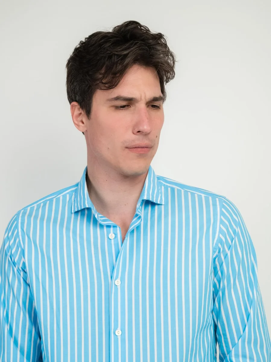 CAMICIA IN COTONE A RIGHE TURCHESI E BIANCHE - immagine 5