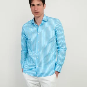 CAMICIA IN COTONE A RIGHE TURCHESI E BIANCHE