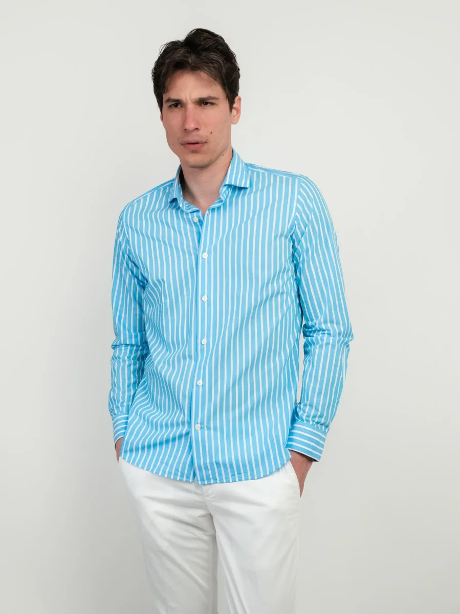 CAMICIA IN COTONE A RIGHE TURCHESI E BIANCHE