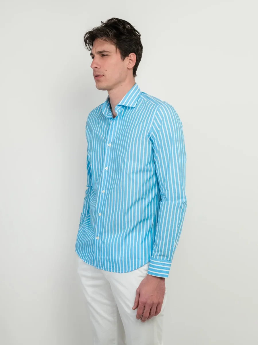 CAMICIA IN COTONE A RIGHE TURCHESI E BIANCHE - immagine 3