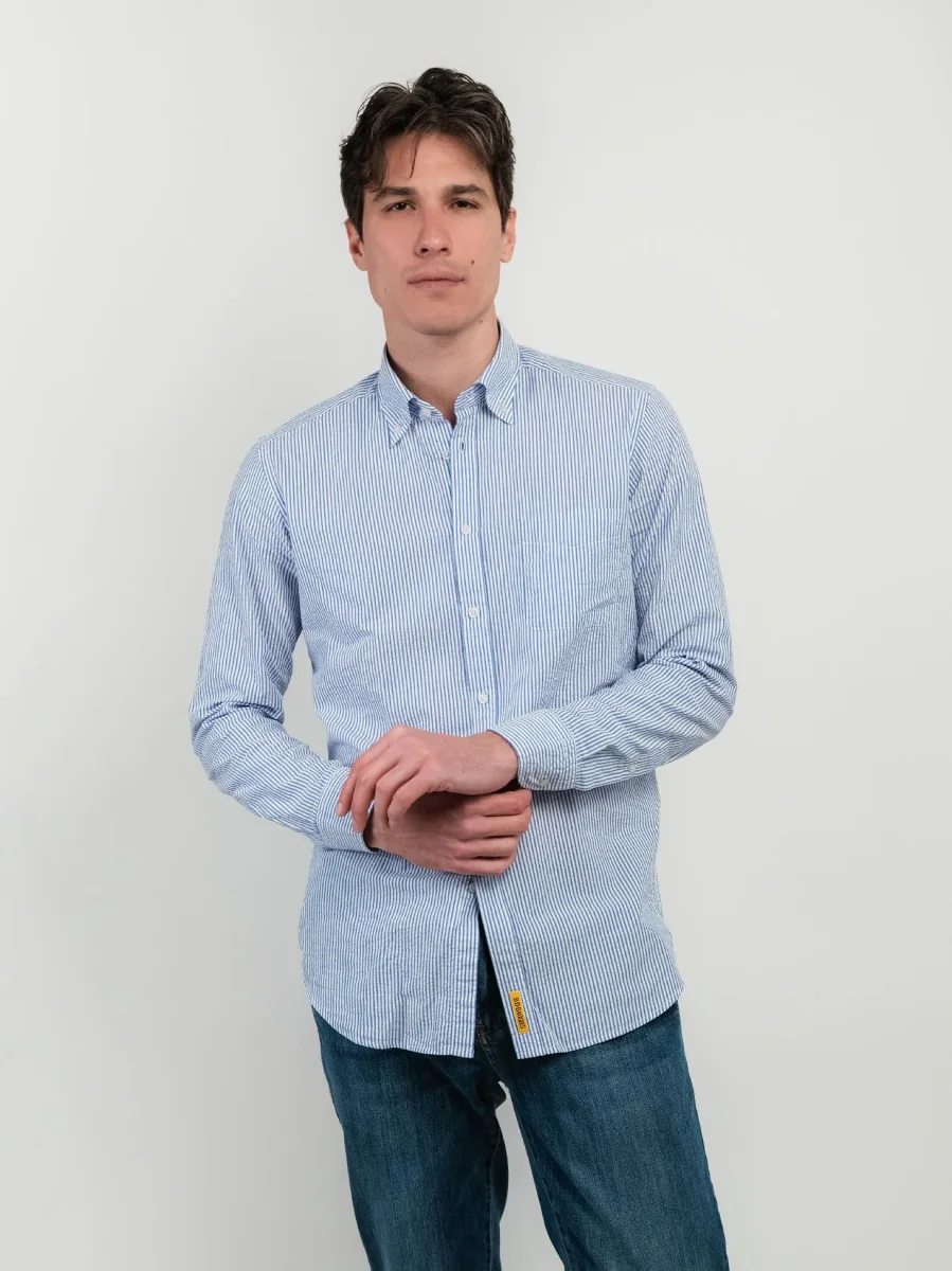 CAMICIA  IN COTONE BOTTON DOWN A RIGHE BIANCHE E AZZURRE