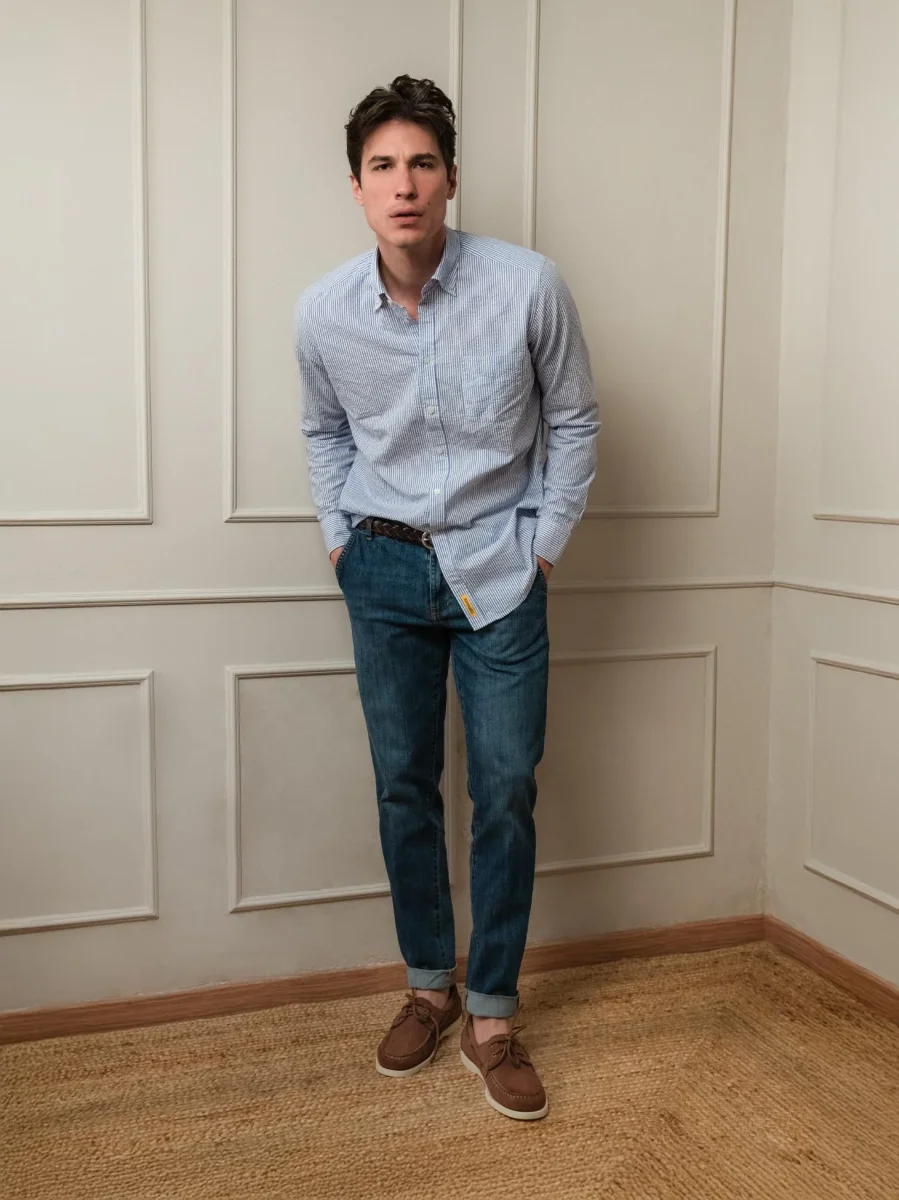 CAMICIA  IN COTONE BOTTON DOWN A RIGHE BIANCHE E AZZURRE - immagine 6