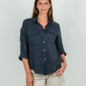 CAMICIA IN LINO BLU CON FONDO SFRANGIATO
