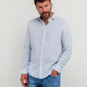 CAMICIA IN LINO E COTONE A RIGHE BIANCHE E AZZURRE