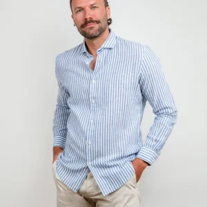 CAMICIA IN LINO E COTONE A RIGHE BIANCHE E BLUETTE