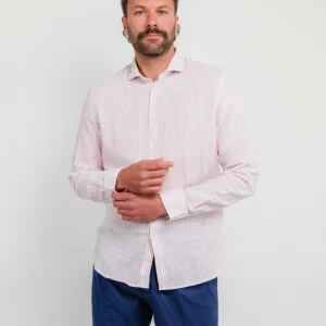 CAMICIA IN LINO E COTONE A RIGHE BIANCHE E ROSA