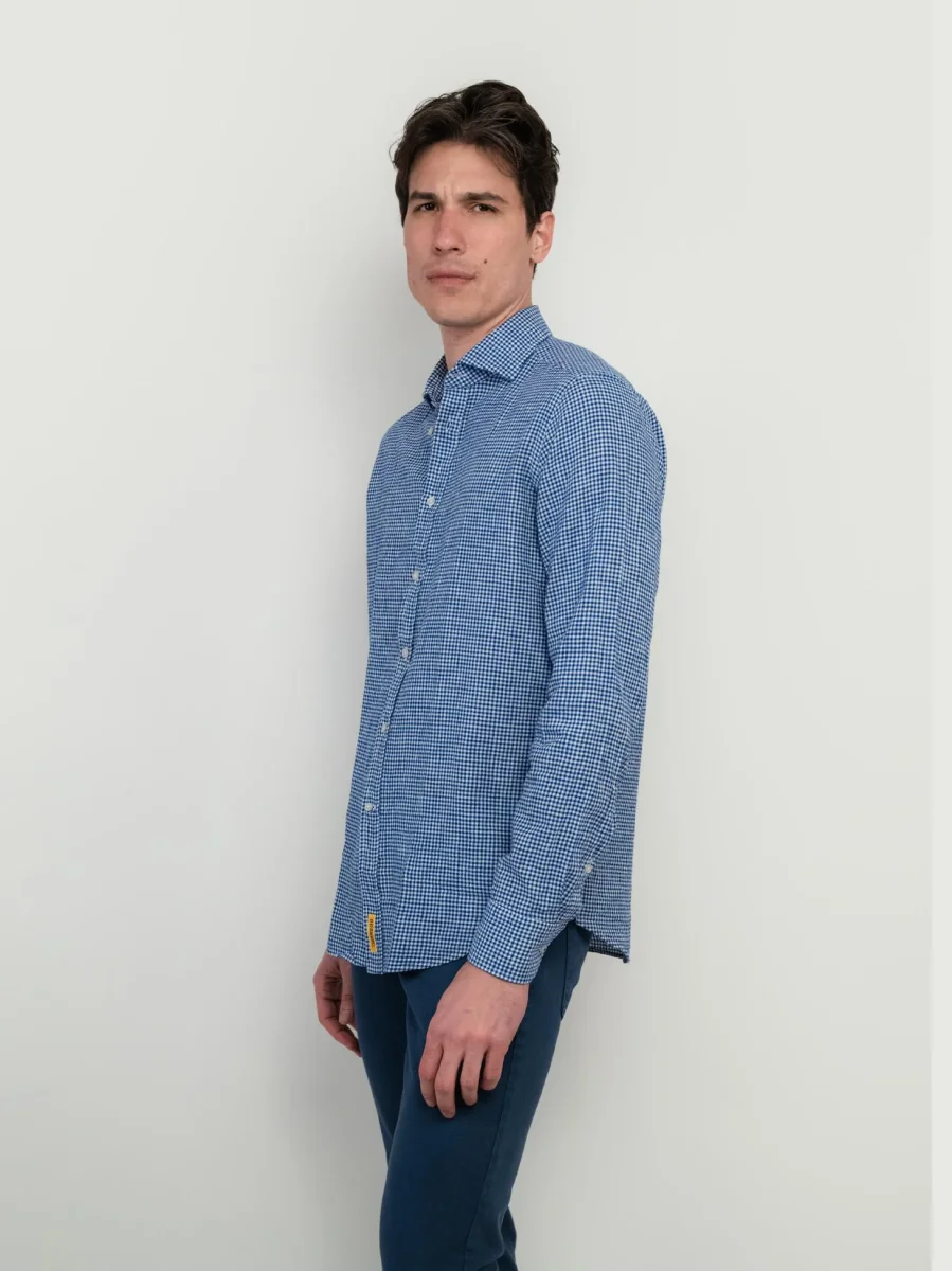 CAMICIA IN MISTO LINO CON FANTASIA MICROQUADRETTO BLU - immagine 4