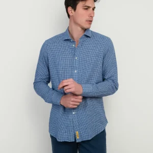 CAMICIA IN MISTO LINO CON FANTASIA MICROQUADRETTO BLU