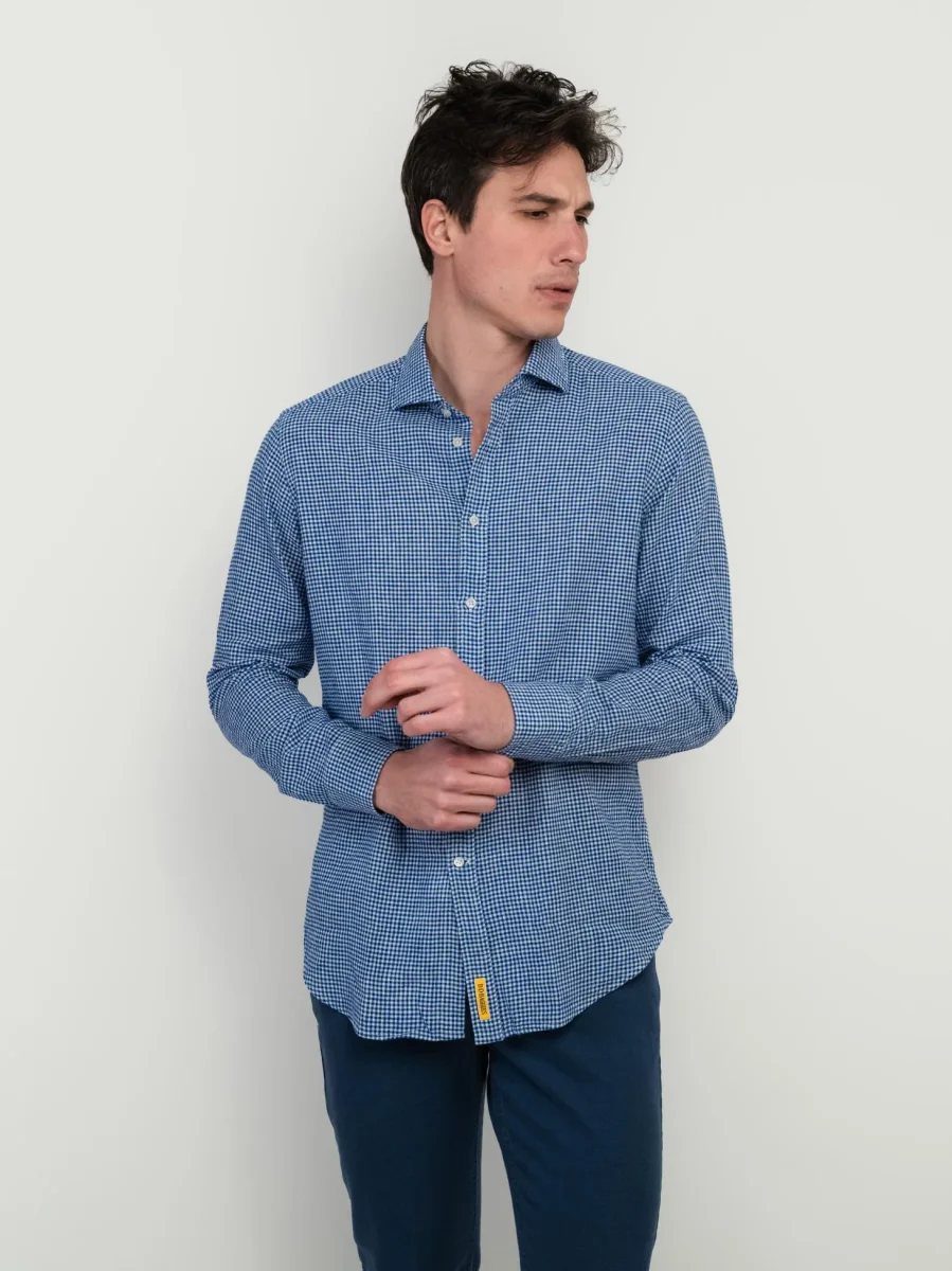 CAMICIA IN MISTO LINO CON FANTASIA MICROQUADRETTO BLU