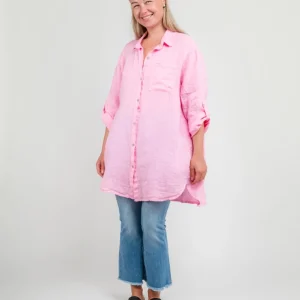 CAMICIA LUNGA IN LINO ROSA