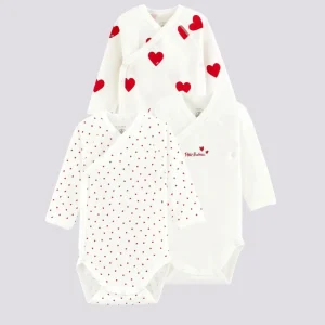 CONFEZIONE DA 3 BODY BEBÈ INCROCIATI CUORE ROSSO MANICA LUNGA IN COTONE BIOLOGICO
