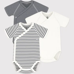 CONFEZIONE DA 3 BODY INCROCIATI A MANICHE CORTE, A RIGHE, IN COTONE, PER NEONATI